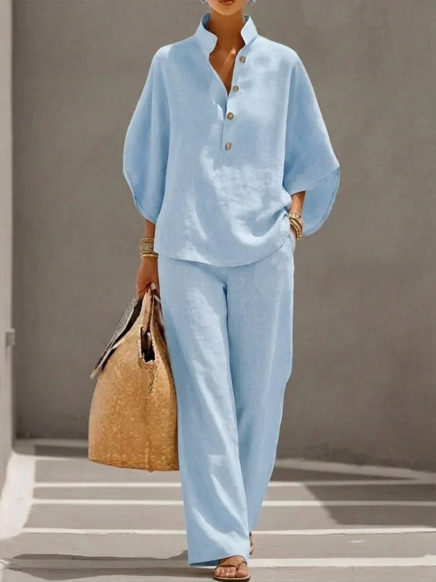 Sophie | Linen Set with Batwing Sleeves and Wide Trousers