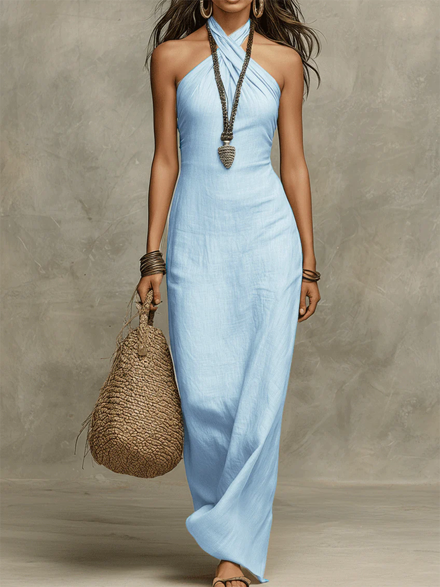 Avelina™ – Long voluminous cotton and linen dress, American collar