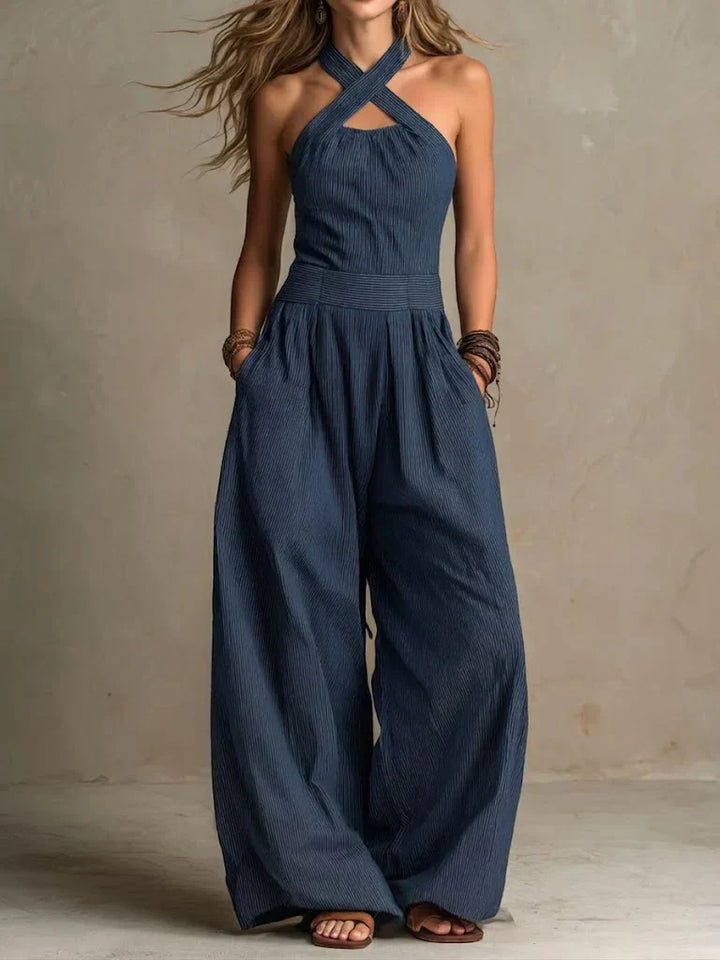 Wren | Crossover Halter Wide-Leg Jumpsuit