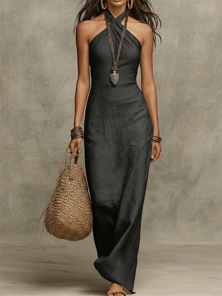 Avelina™ – Long voluminous cotton and linen dress, American collar