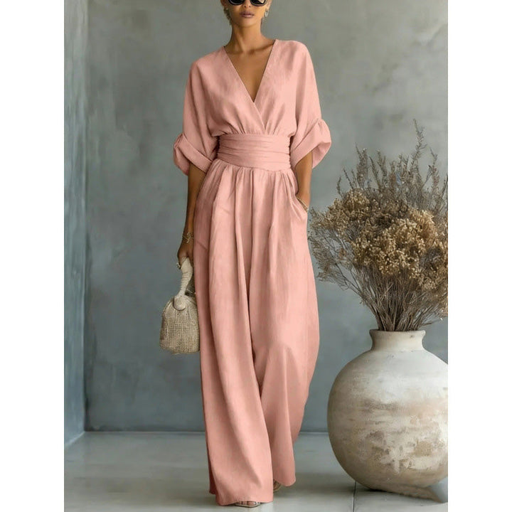 Iris | Wide-Leg V-Neck Belted Jumpsuit