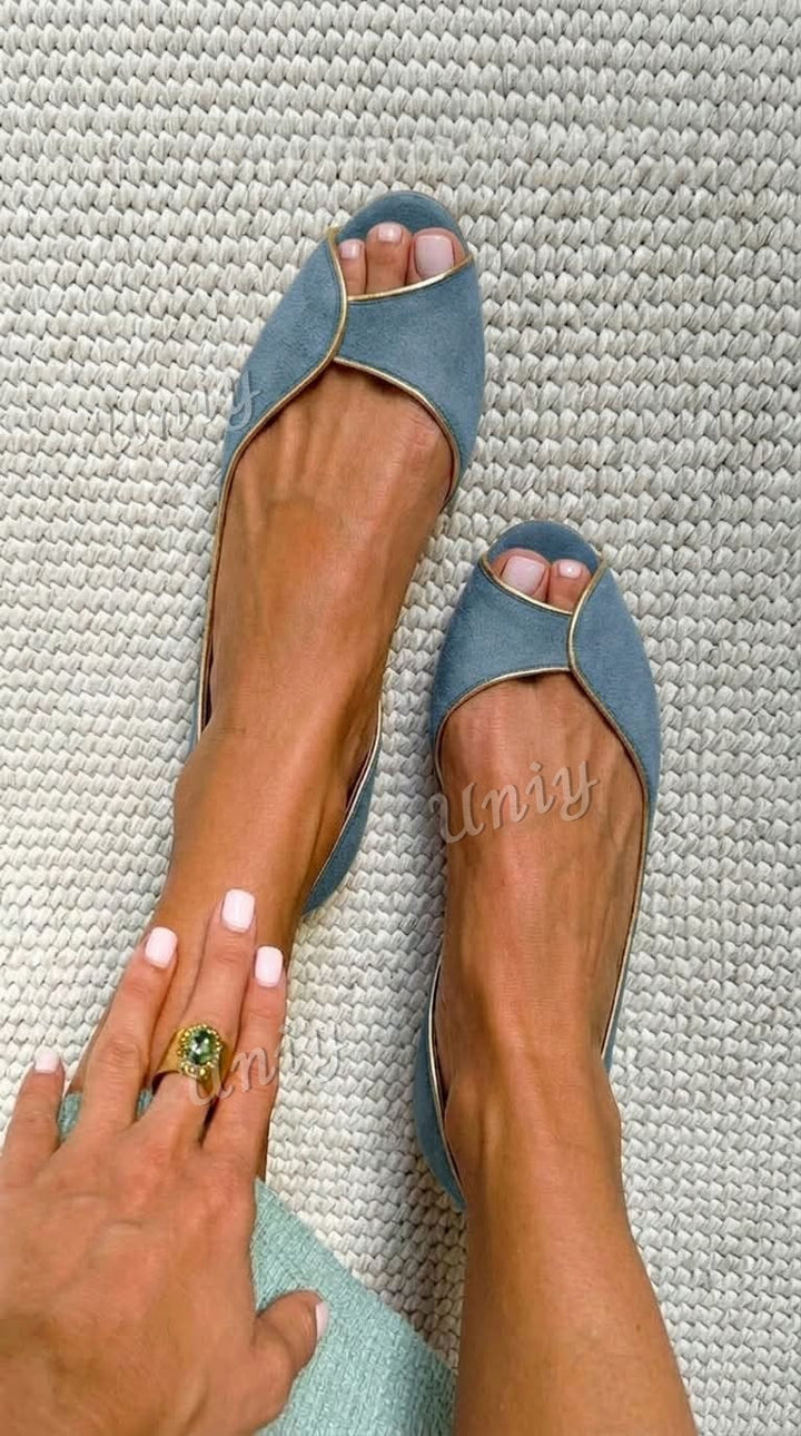 Beige and Gold Suede Peep Toe D'Orsay Flats