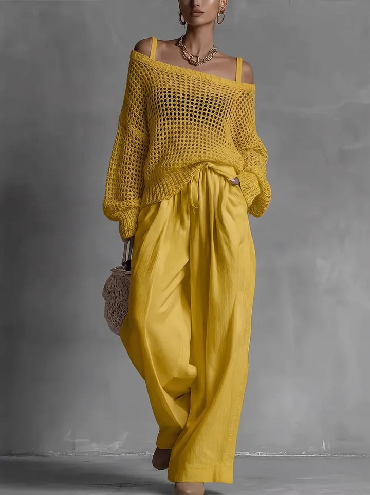 Claribel | Crochet Knit Top & Wide-Leg Trousers Set