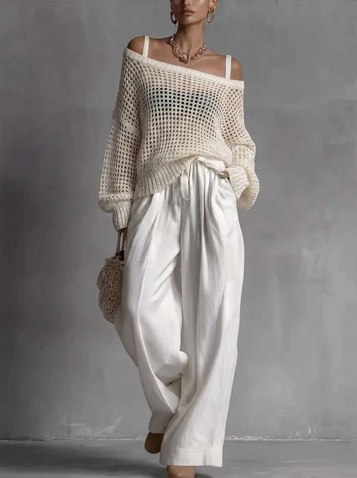 Claribel | Crochet Knit Top & Wide-Leg Trousers Set