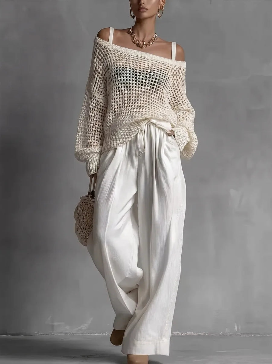 Claribel | Crochet Knit Top & Wide-Leg Trousers Set