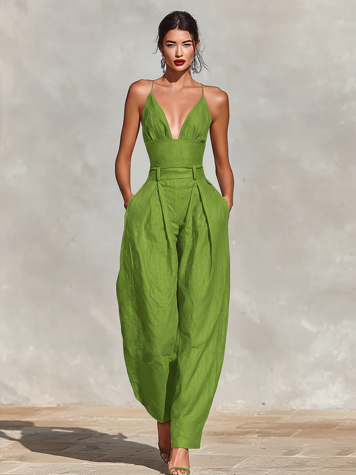 Estelle - Red Linen Jumpsuit for Women with Thin Straps