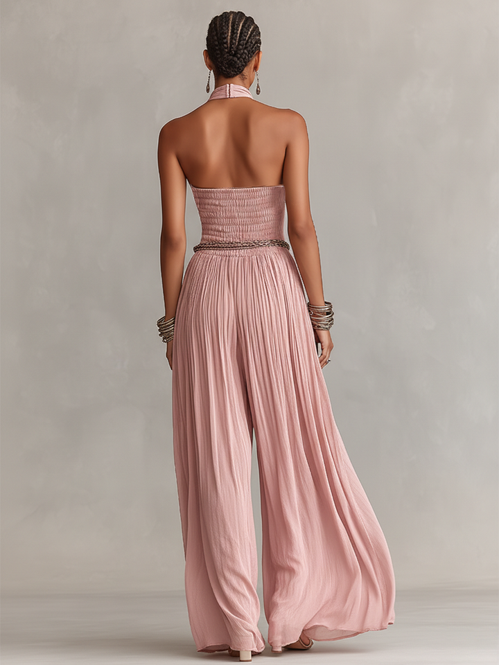 Margaux - Pleated Jumpsuit for Women in Pink with Halter Neck & Gathered Waist